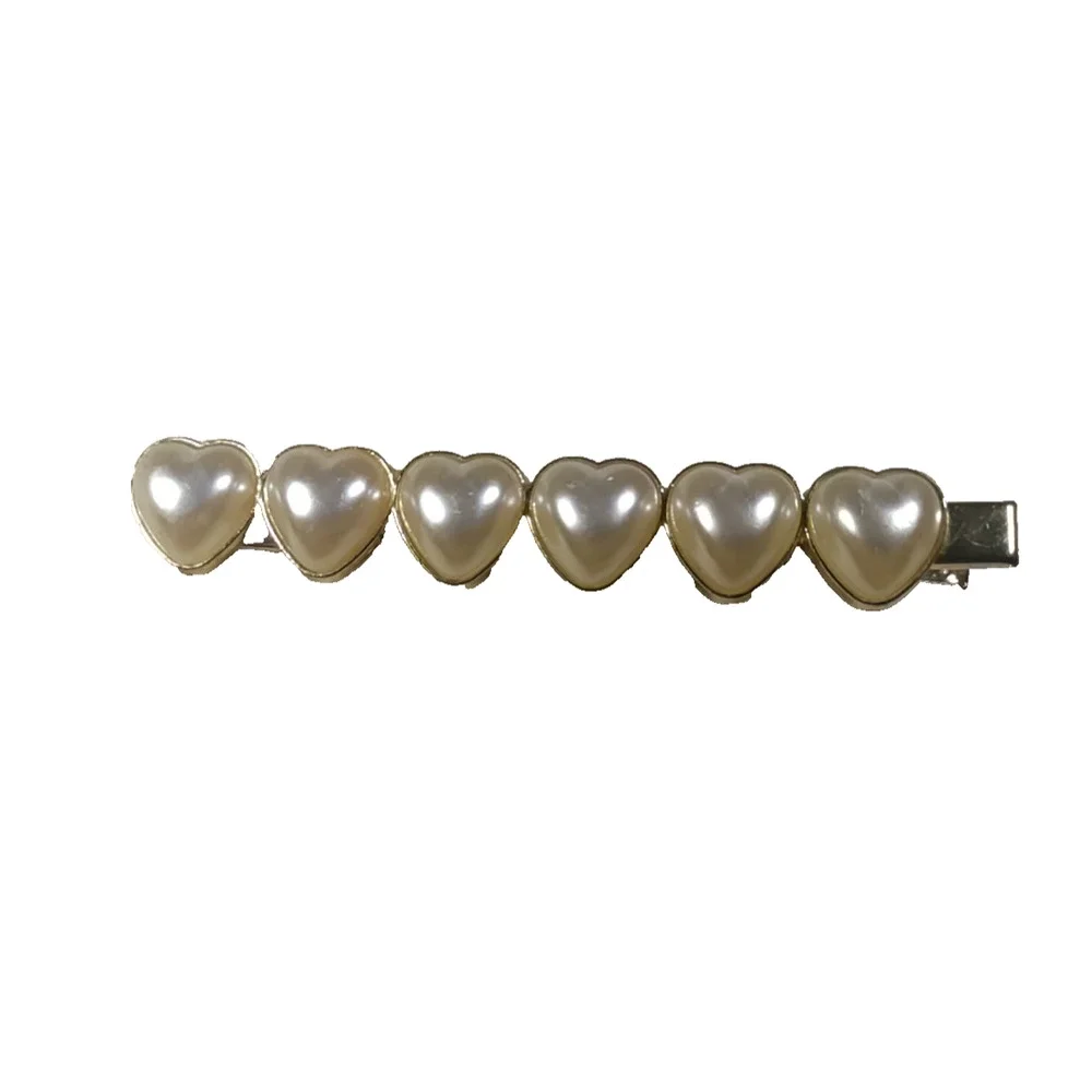Hair Clip Barrette Faux Pearl Hearts Gold Tone Feminine Love